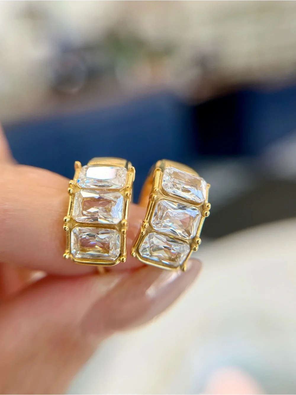 New Luxury Hypoallergenic Gold-Tone Crystal Huggie Hoop Earrings